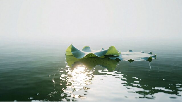 Serene green lily pad floating on calm misty water