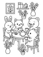 Fototapeta premium Cute Animals Having Tea Party: Adorable cartoon animals including a bunny, cat, and bears enjoy a delightful tea party around a small table, complete with teacups and a teapot.