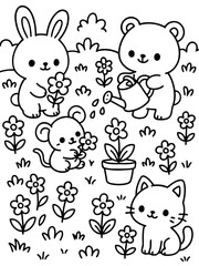 Fototapeta premium Cute Garden Animals: A whimsical illustration features adorable cartoon animals like a bunny, bear, mouse, and cat enjoying a day in a garden, watering flowers and playing amongst blossoms.