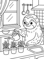 Fototapeta premium Sloth Watering Plants: A cute sloth in a kitchen happily waters three potted plants, showcasing a gentle and nurturing moment of plant care.