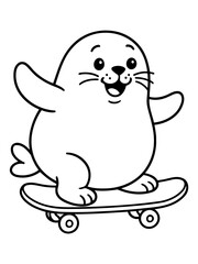Obraz premium Cartoon Seal on Skateboard: A cute, smiling cartoon seal is joyfully riding a skateboard, with its flippers spread wide for balance.