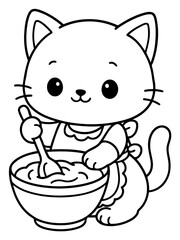 Fototapeta premium Cute Cat Baking: A charming, cartoon-style cat wearing an apron happily stirs a bowl of batter, ready to bake a delicious treat.