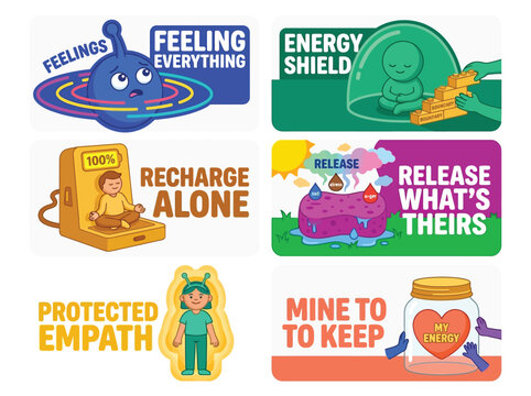 Hypersensitivity Empath Energy Protection Mental Health Sticker Sheet Gen Z Millennial HSP Emotional Sensitivity Vector Illustration