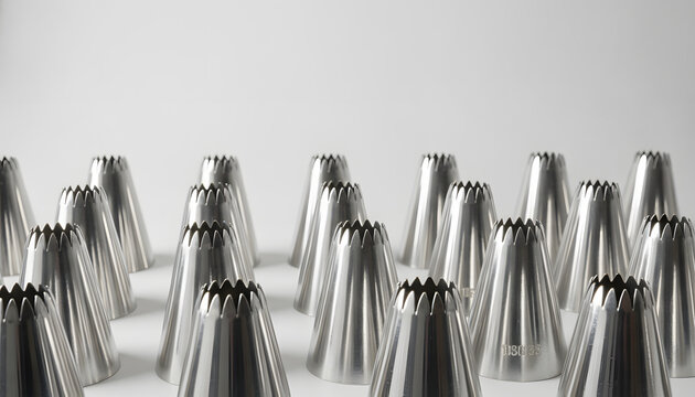 Professional stainless steel pastry piping nozzles with star tips on white background for cake decoration
