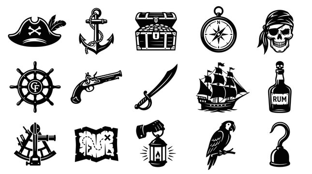 Monochrome Pirate Icon Set. Black and White Flat Glyph Symbols for Nautical Adventure and Treasure Hunt