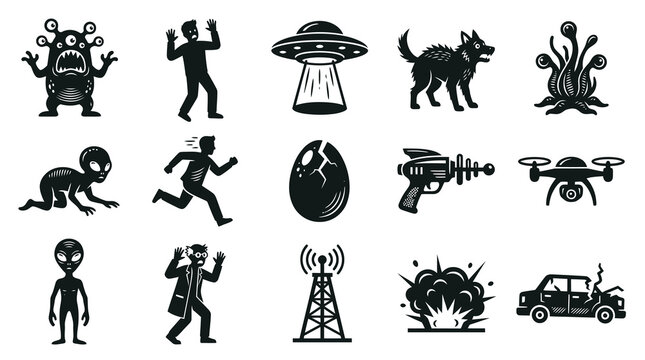 Black  White Vector Icons: Aliens, UFO, Monster, Dog, Drone, Sci-Fi