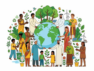 Fototapeta premium Illustration shows a diverse global community collaboratively caring for and protecting the earth, surrounded by lush nature and renewable energy, conveying a hopeful green and blue message.
