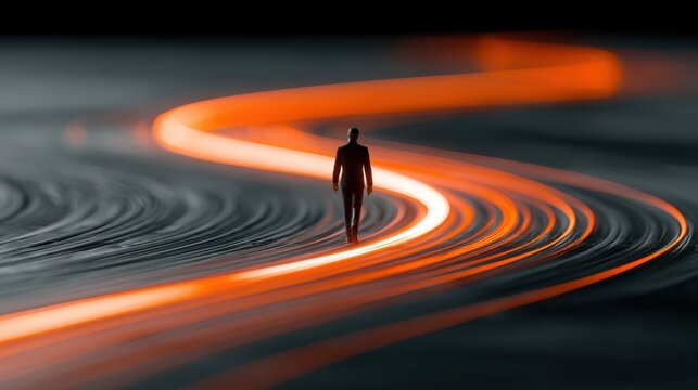 A businessman stands confidently at a digital crossroads, planning strategic goals to navigate business growth and future success in a modern technological landscape.