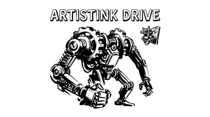 Fototapeta premium Robot mech ink design. Artistink drive graphic print. Industrial steampunk artwork.