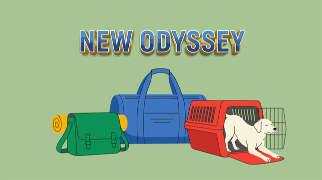 New Odyssey adventure. Travel with pet illustration. Luggage and dog carrier graphic.. Travel jour