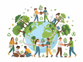Naklejka premium Diverse group of people planting trees and caring for the planet, symbolizing environmental conservation and sustainability with a vibrant green and blue palette against a white background.
