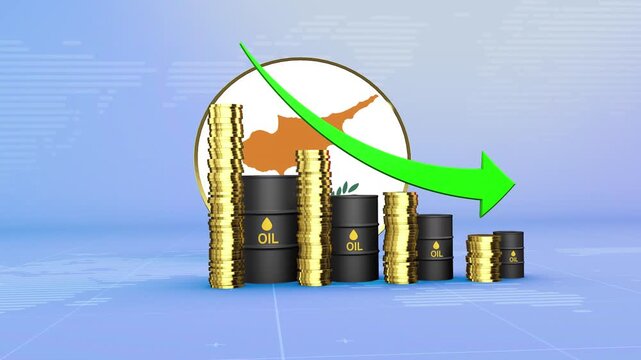 Cyprus Oil Prices Decline with Oil Barrels, Gold Coins and Downward Green Arrow, 3D Economic and Financial Market Concept
