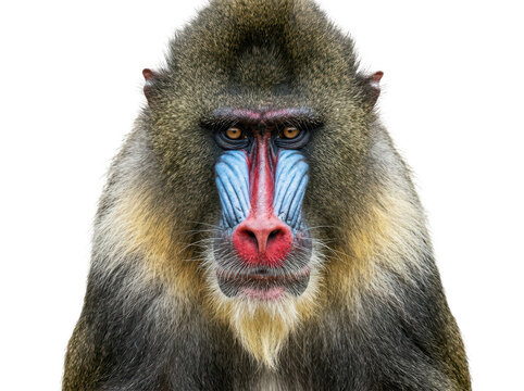 Close-up portrait of a mandrill monkey with striking colorful facial features, captured in a studio setting with a clean white background, emphasizing its unique appearance.