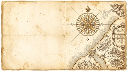 Fototapeta premium Historic Semiquincentennial vintage map on aged parchment for 250th USA anniversary, featuring a nautical compass and discovery theme in an antique colonial aesthetic.