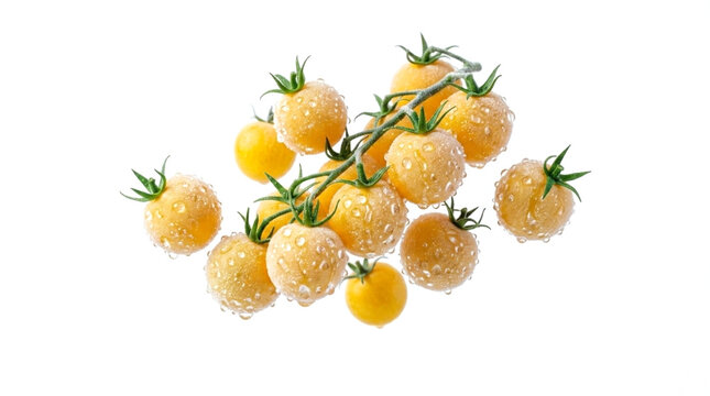 Fresh yellow cherry tomatoes on the vine with water droplets, vegetable