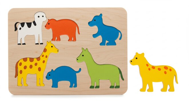 明るい白背景に配置された温もりある木製動物パズル カラフルで愛らしい多様な動物ピースが子供たちの探究心を刺激 柔らかい自然光が全体を包み込み遊び心あふれる学びの時間を演出する知育玩具. AI Generated