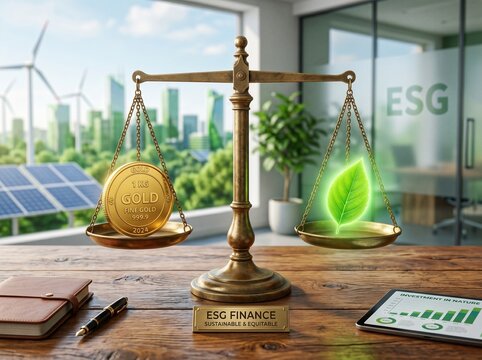 Brass balance scale weighing one kilogram of gold against a glowing green leaf in an office setting