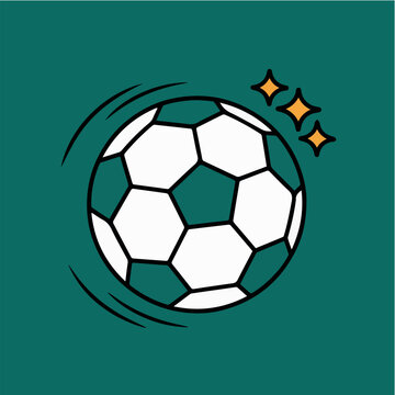 A vector graphic illustration of a soccer ball with a modern flat design and sparkling stars around it on a teal background