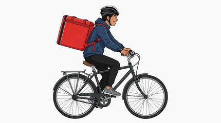 Obraz premium Food delivery person on a bicycle, wearing a helmet and carrying a red thermal bag on their back.