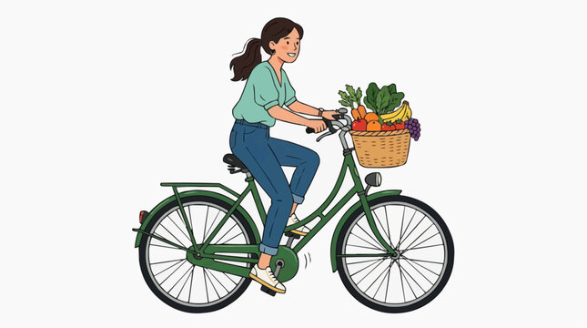 Esta imagem mostra uma ilustra&ccedil;&atilde;o vetorial de uma pessoa andando de bicicleta verde com uma cesta de vime cheia de vegetais. 