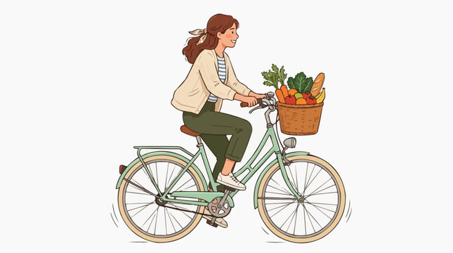Esta imagem mostra uma ilustra&ccedil;&atilde;o vetorial de uma pessoa andando de bicicleta verde com uma cesta de vime cheia de vegetais. 