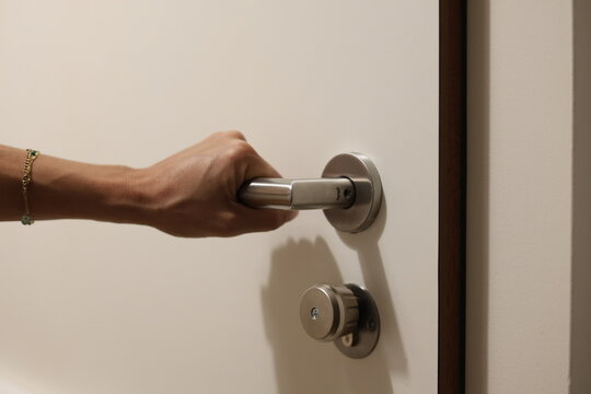 Main de femme saisissant une poign&eacute;e de porte m&eacute;tallique