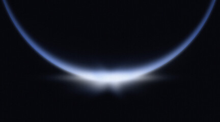 Abstract cinematic blue light arc on black background with noise texture, Sci-fi planet horizon with blue atmosphere glow in dark space © arjudin
