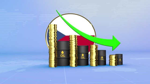 Czech Republic Oil Prices Decline with Oil Barrels, Gold Coins and Downward Green Arrow, 3D Economic and Financial Market Concept