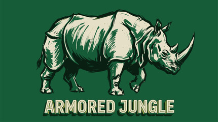 Rhino vintage artwork. Armored jungle graphic. Wild animal t shirt design.. Armored jungle rhinoce © rahel lila