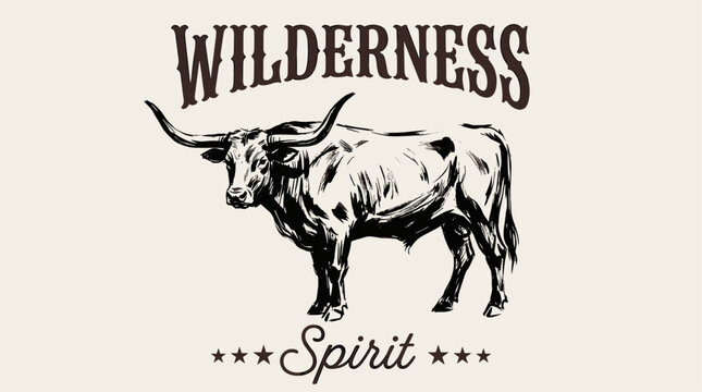 Retro longhorn bull. Wilderness spirit vintage artwork. Western t shirt print design.