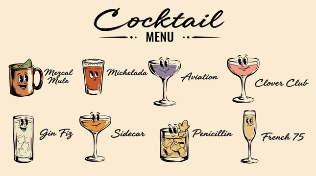Retro cocktail menu design. Vintage cartoon drink characters. Bar flyer illustration.