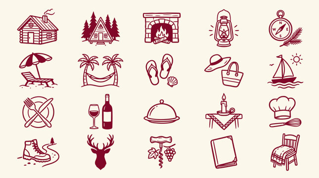 Various travel and lifestyle icons arranged on a cream background