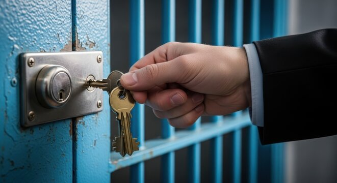 Closeup of a hand in a suit holding keys to unlock a blue metal prison gate