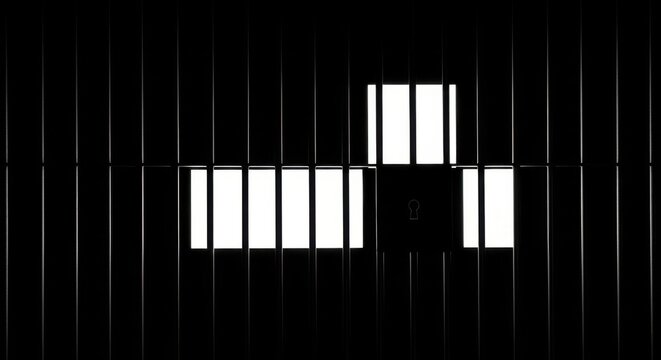 Silhouette of prison bars with a keyhole in the center against a bright light background