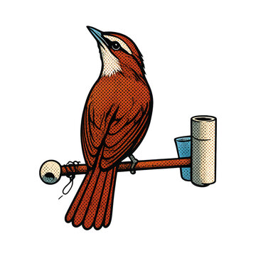 Retro Pop Art Kacer Bird on Perch | Vintage Comic Halftone Songbird with Bird Stand Vector