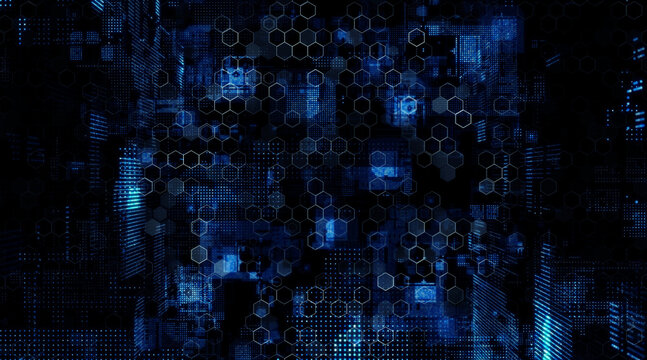 Background material featuring digital technology concepts: DX, AI, IT, data, systems, the future, and cyber.