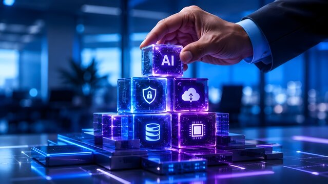 Hand Stacking Glowing Cubes Representing AI, Security, Cloud, Data, and CPU in Futuristic Digital Environment