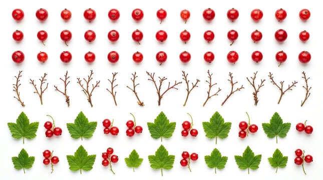 Flat lay collection of fresh red currants and green leaves with ingredient