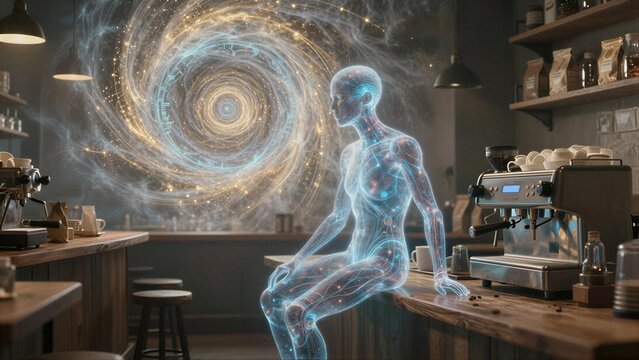A glowing human figure sits at a coffee shop counter, surrounded by swirling cosmic energy.