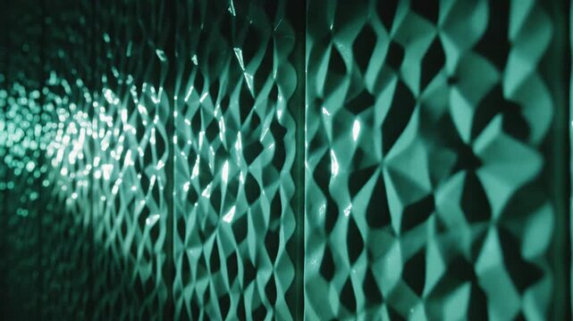 Geometric wall paneling features a repeating diamond pattern that creates a sophisticated and modern textured surface in a contemporary interior space.