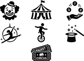 Circus and carnival entertainment icons set vector with clown tent juggling acrobat unicycle magic hat ticket © Rakib