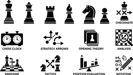 Chess strategy and gaming icons set vector with clock board tactics pieces notation analysis and position evaluation © Rakib