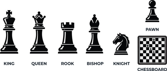 Chess pieces icons set vector with king queen rook bishop knight pawn and checker chessboard game elements © Rakib