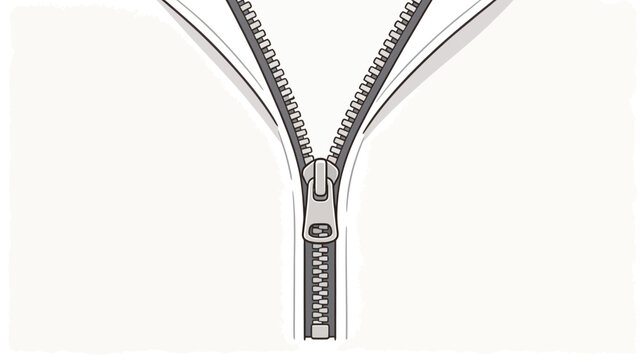 Detailed line art of a partially open metal zipper on white background, minimalist graphic design