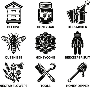 Beekeeping and honey production icons set vector with beehive smoker queen bee honeycomb jar dipper suit tools