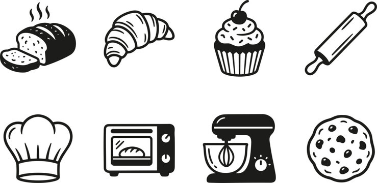 Bakery and baking icons set vector with bread croissant cupcake rolling pin chef hat oven mixer cookie