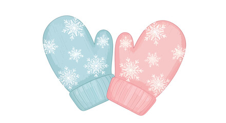 Fototapeta premium A pair of cozy light blue and pastel pink winter mittens decorated with white snowflakes for seasonal holidays and festive decor
