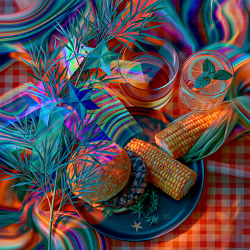 Colorful Picnic Flat Lay with Burger, Corn and Lemonade