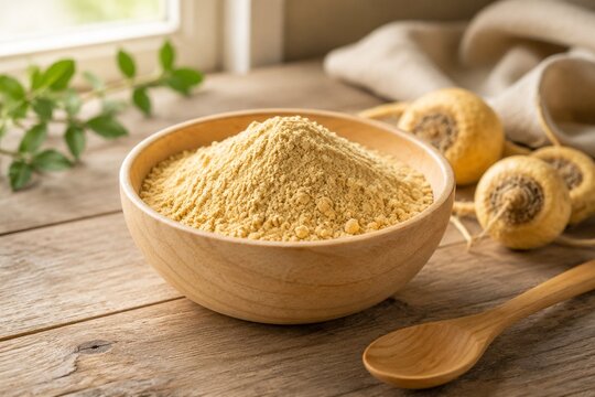 A shallow wooden bowl filled with fine pale yellow maca powder and a spoon.