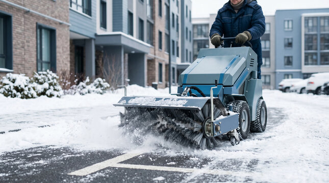 Man clearing snow with compact street sweeper